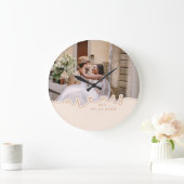 Mr Mrs Script Heart Photo Wedding Große Wanduhr (Zuhause)
