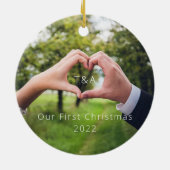 Mr & Mrs. Unser erstes Weihnachtsfest Foto Keramik Ornament (Hinten)