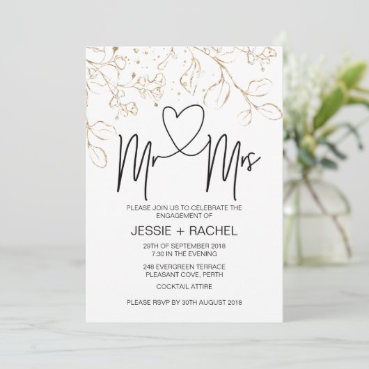 Mr & Mrs Verlobung Modern Gold Verlobt Einladung (Stehend Vorderseite)