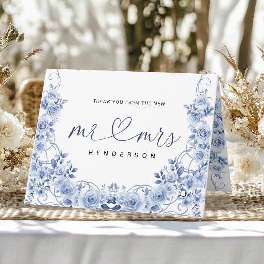 Mr & Mrs Watercolor Dusty Blue Floral Wedding Dankeskarte