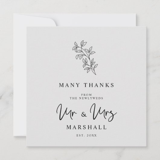 MR & MRS Wedding Black Fancy Minimalist Branches  Dankeskarte (Vorderseite)
