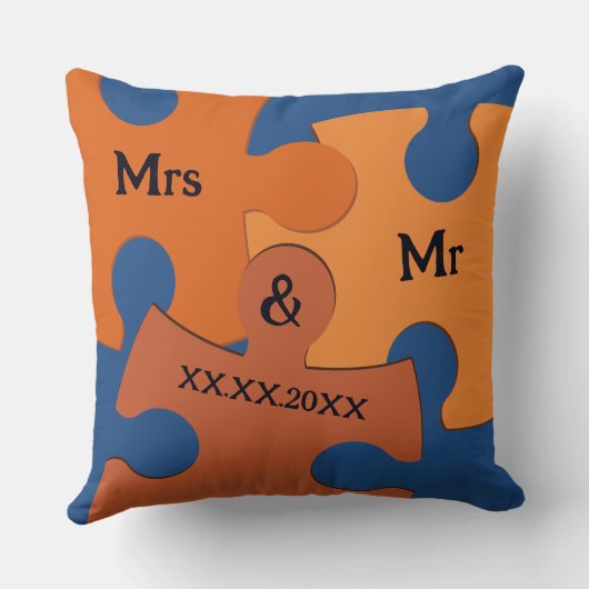 Mr & Mrs Wedding Date Orange & Blue Jigsaw Pieces Kissen (Rückseite)