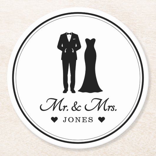 Mr & Mrs Wedding Dress Tuxedo Newlywed Couple Runder Pappuntersetzer (Vorderseite)