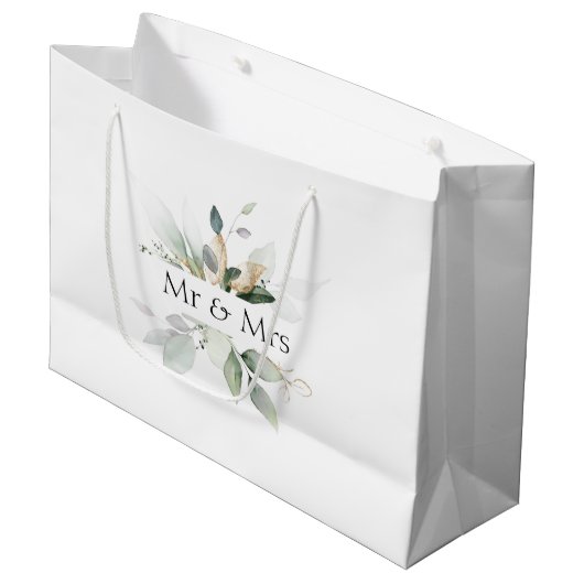 Mr & Mrs Wedding Elegant Greenery Geschenktasche Große Geschenktüte (Vorderseite Schrägansicht)