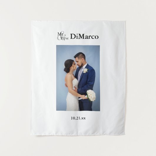 Mr & Mrs. Wedding Foto mit Name & Datum Wandteppich (Vorderseite)