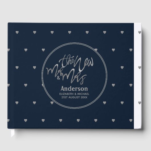 Mr & Mrs Wedding Navy Blue Silver Liebe Herts Gästebuch (Vorderseite)