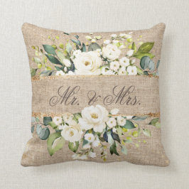 Mr & Mrs White Gold Botanical Floral Linen Rustic Kissen