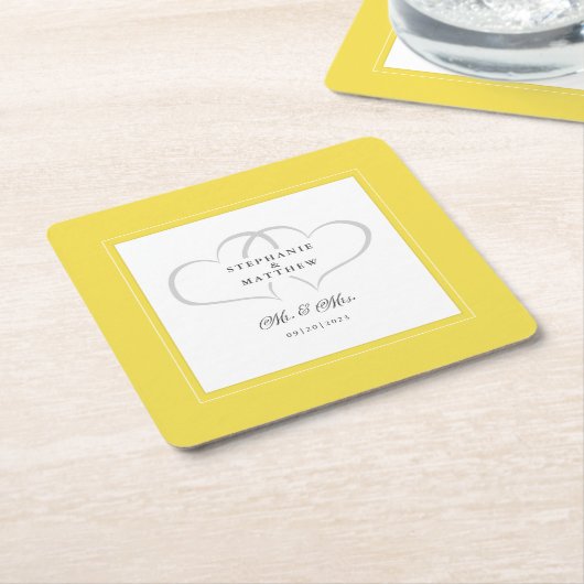 Mr & Mrs. Yellow White Elegant Hearts Wedding Chic Rechteckiger Pappuntersetzer (angewinkelt)
