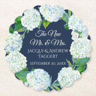 Mr. n Mrs White Hydrangea Floral Navy Blue Wedding Untersetzer