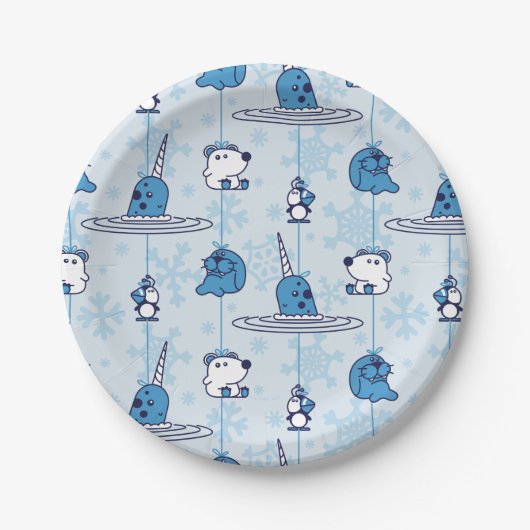 Mr. Narwhal Blue Snowflake Pattern Pappteller (Vorderseite)