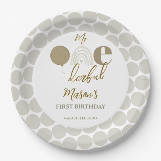 Mr One derful Neutral Rainbow First Birthday Pappteller (Vorderseite)