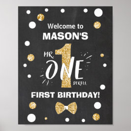 Mr Onederful Birthday Welcome Sign Boy Black Gold Poster