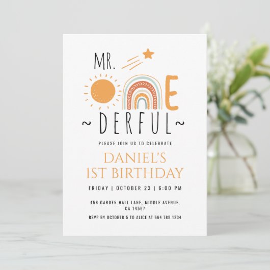 Mr Onederful Boho Rainbow First Birthday Boy Einladung (Stehend Vorderseite)