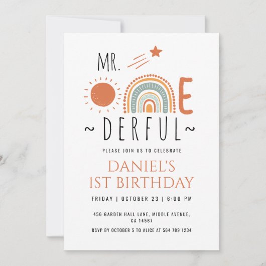 Mr Onederful Boho Rainbow First Birthday Boy Einladung (Vorderseite)
