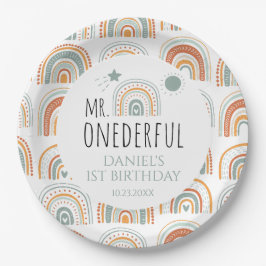 Mr Onederful Boho Rainbow First Birthday Green Pappteller