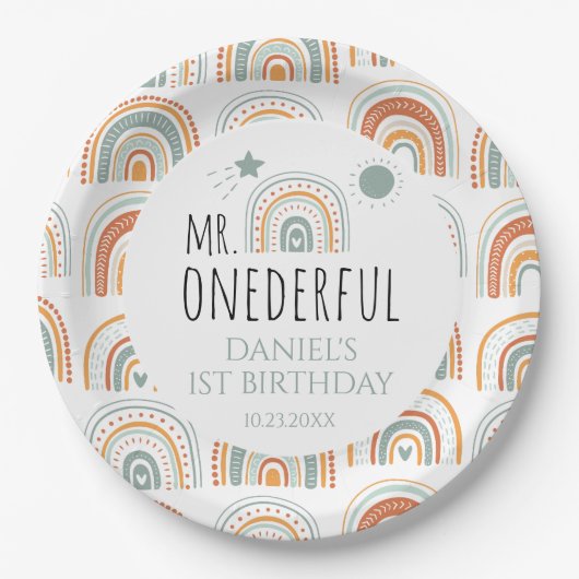 Mr Onederful Boho Rainbow First Birthday Green Pappteller (Vorderseite)