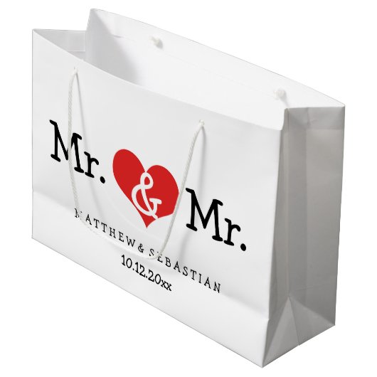 Mr. und Mr. Red Heart Wedding Personalisiert Große Geschenktüte (Vorderseite Schrägansicht)