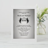 Mr. und Mr. Trumpet Blower Grooms Silber Schwarz-w Einladung (Stehend Vorderseite)