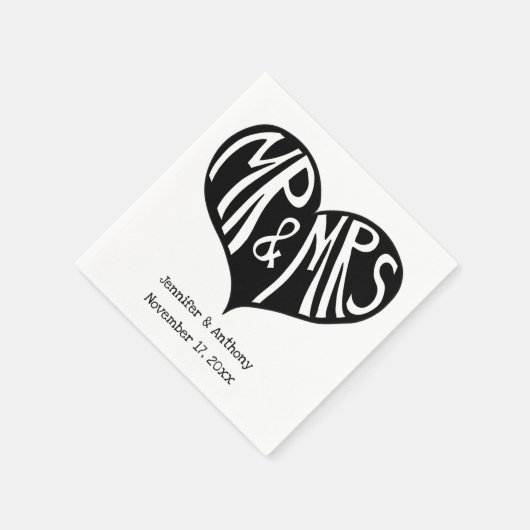 Mr. und Mrs. Black and White Heart Shape Wedding Serviette (Ecke)