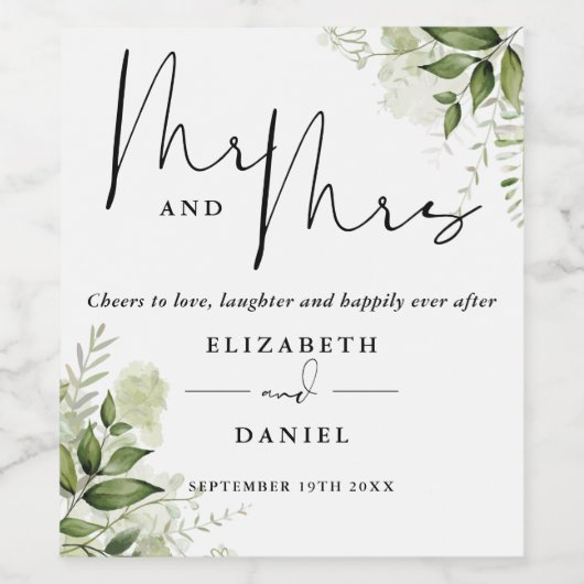 Mr. und Mrs. Cheers to Liebe Greenery Wedding Weinetikett (Einzelnes Label)