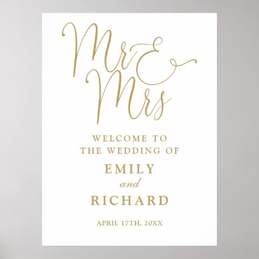 Mr. und Mrs. Chic Gold Wedding Willkommenszeichen Poster (Vorne)