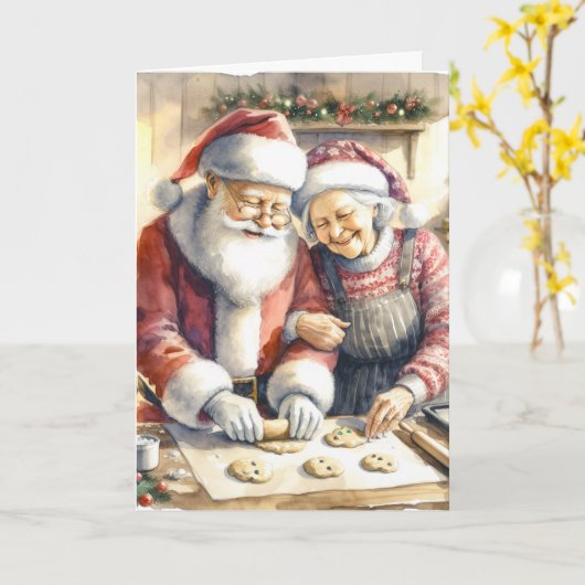 Mr. und Mrs. Claus Baking Cookies Custom Christmas Karte (Gelbe Blume)