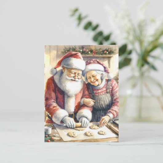 Mr. und Mrs. Claus Baking Cookies Custom Christmas Postkarte (Stehend Vorderseite)