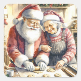 Mr. und Mrs. Claus Baking Cookies Custom Christmas Quadratischer Aufkleber