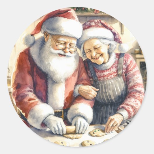 Mr. und Mrs. Claus Baking Cookies Custom Christmas Runder Aufkleber (Vorderseite)
