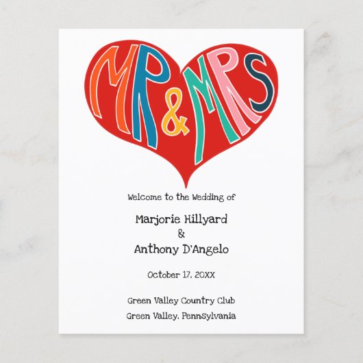 Mr. und Mrs. Colorful Heart Shape Wedding Program (Vorderseite)
