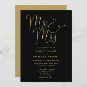 Mr. und Mrs. Elegant Script Black and Gold Hochzei Einladung