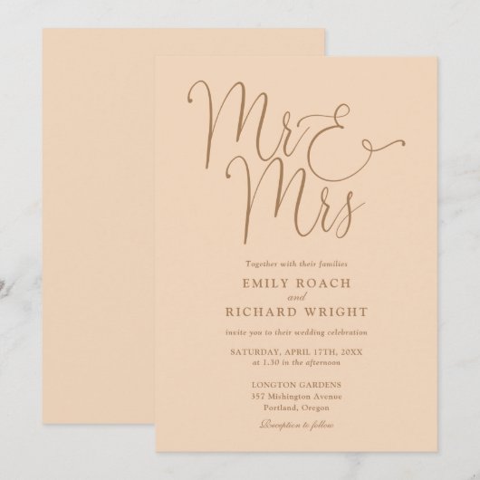 Mr. und Mrs. Elegant Script Soft Peach Hochzeit Einladung (Vorne/Hinten)