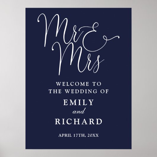 Mr. und Mrs. Navy Blue Wedding Begrüßungszeichen Poster (Vorne)