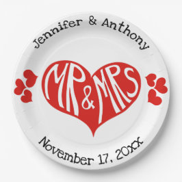Mr. und Mrs. Red and White Heart Shape Wedding Pappteller