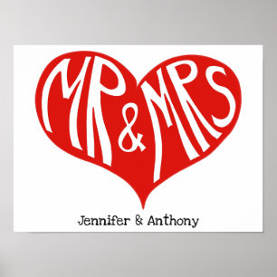 Mr. und Mrs. Red and White Heart Shape Wedding Poster