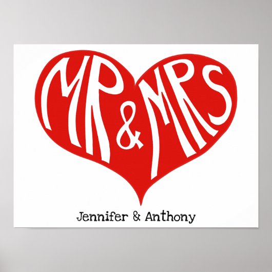 Mr. und Mrs. Red and White Heart Shape Wedding Poster (Vorne)