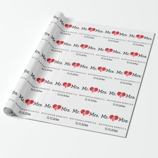 Mr. und Mrs. Red Heart Wedding Geschenkpapier (Ungerollt)