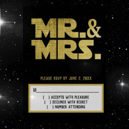 Mr. und Mrs. Sci Fi Black Gold Wedding RSVP Karte