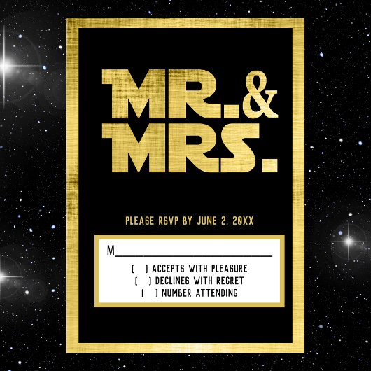 Mr. und Mrs. Sci Fi Black Gold Wedding RSVP Karte