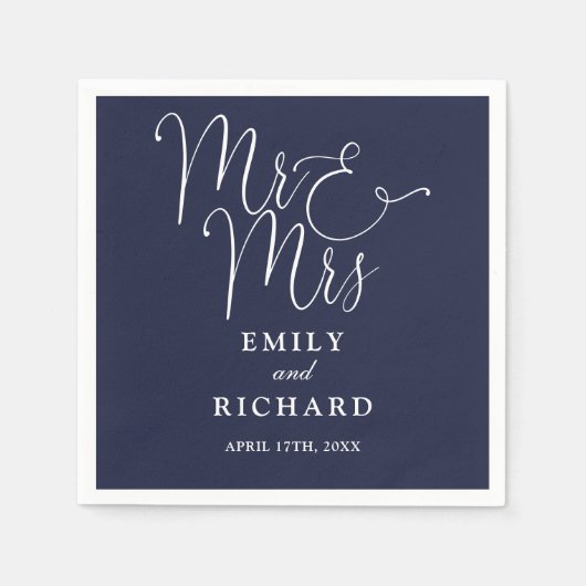 Mr. und Mrs. Script Elegant Navy Blue Wedding Serviette (Vorderseite)