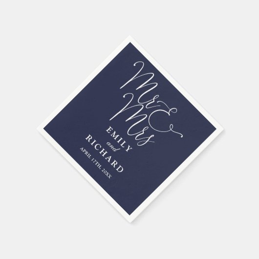 Mr. und Mrs. Script Elegant Navy Blue Wedding Serviette (Ecke)