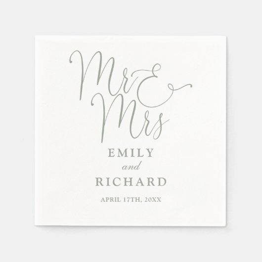 Mr. und Mrs. Script Elegant Sage Green Wedding Serviette (Vorderseite)