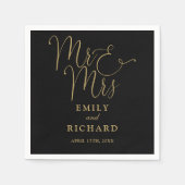 Mr. und Mrs. Script elegante Black and Gold Hochze Serviette (Vorderseite)