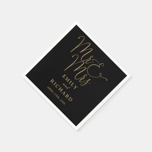 Mr. und Mrs. Script elegante Black and Gold Hochze Serviette (Ecke)