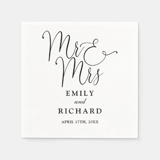 Mr. und Mrs. Script elegante Schwarz-Weiß-Hochzeit Serviette (Vorderseite)