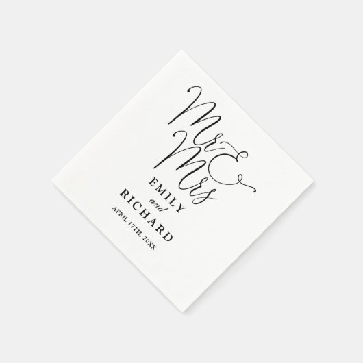 Mr. und Mrs. Script elegante Schwarz-Weiß-Hochzeit Serviette (Ecke)