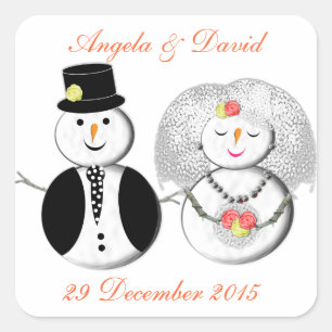 Mr. und Mrs. Snowman Niedlich Snow Bride and Groom Quadratischer Aufkleber