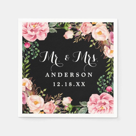 Mr. und Mrs Wedding Classy Pink Blume Wreath Serviette (Vorderseite)
