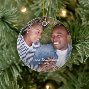 Mr. und Mrs. with Year and Foto Christmas Taupe Keramik Ornament