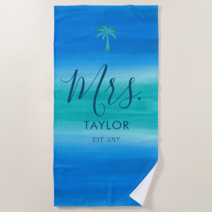 Mrs Beach Ombre Ocean Blue Green Wedding Geschenk Strandtuch